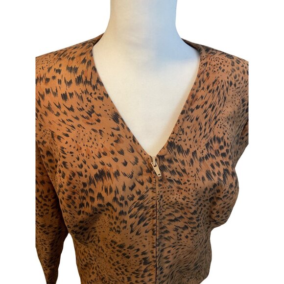 Brown Animal Print Long Sleeve Two Piece Skirt Top Set V Neck Front Zipper Sz M - Picture 4 of 13